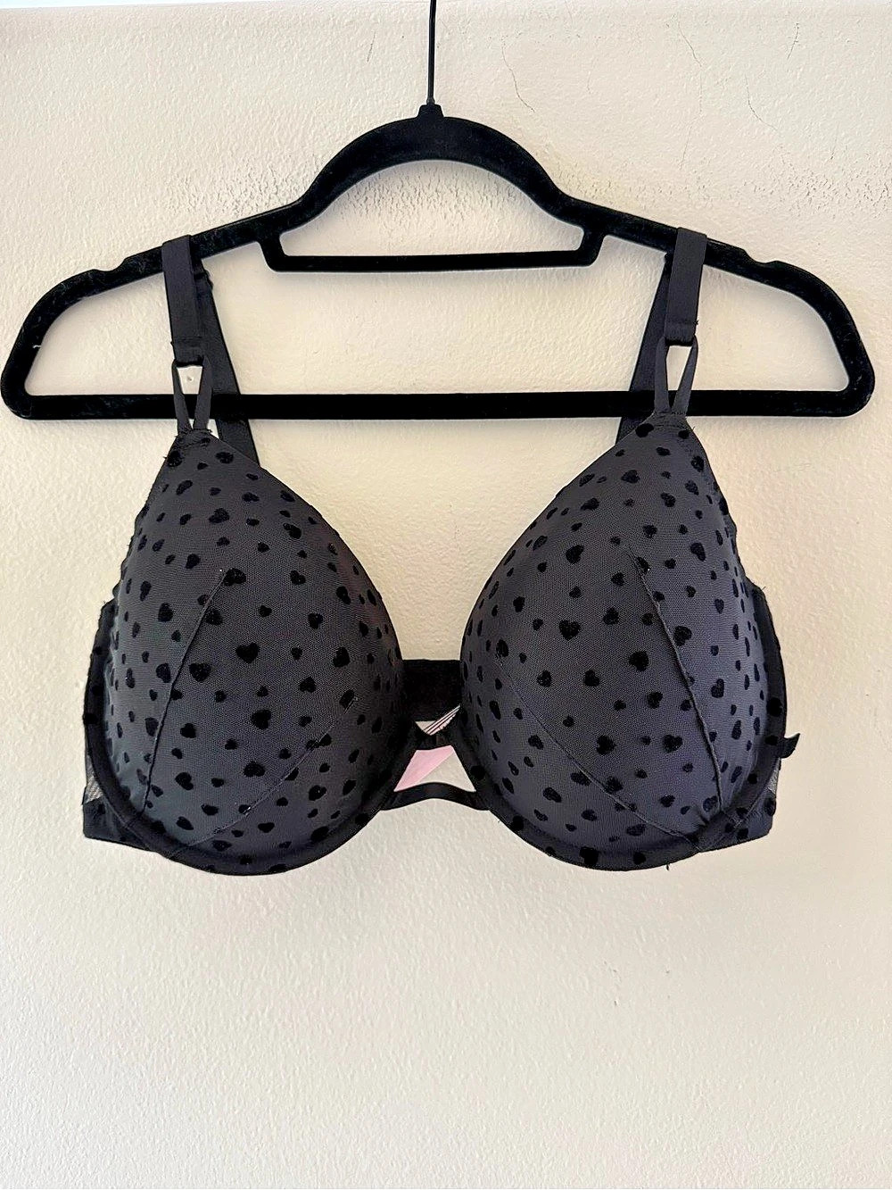 Victoria's Secret Tease Flocked Heart Lined Demi Bra Black 36DDD/F80